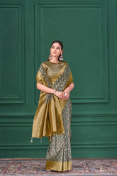 India Silk Beige With Black Pattern Sarees Featuring Tussar Silk Jacquard Combine Traditional Craftsmanship With Elegant